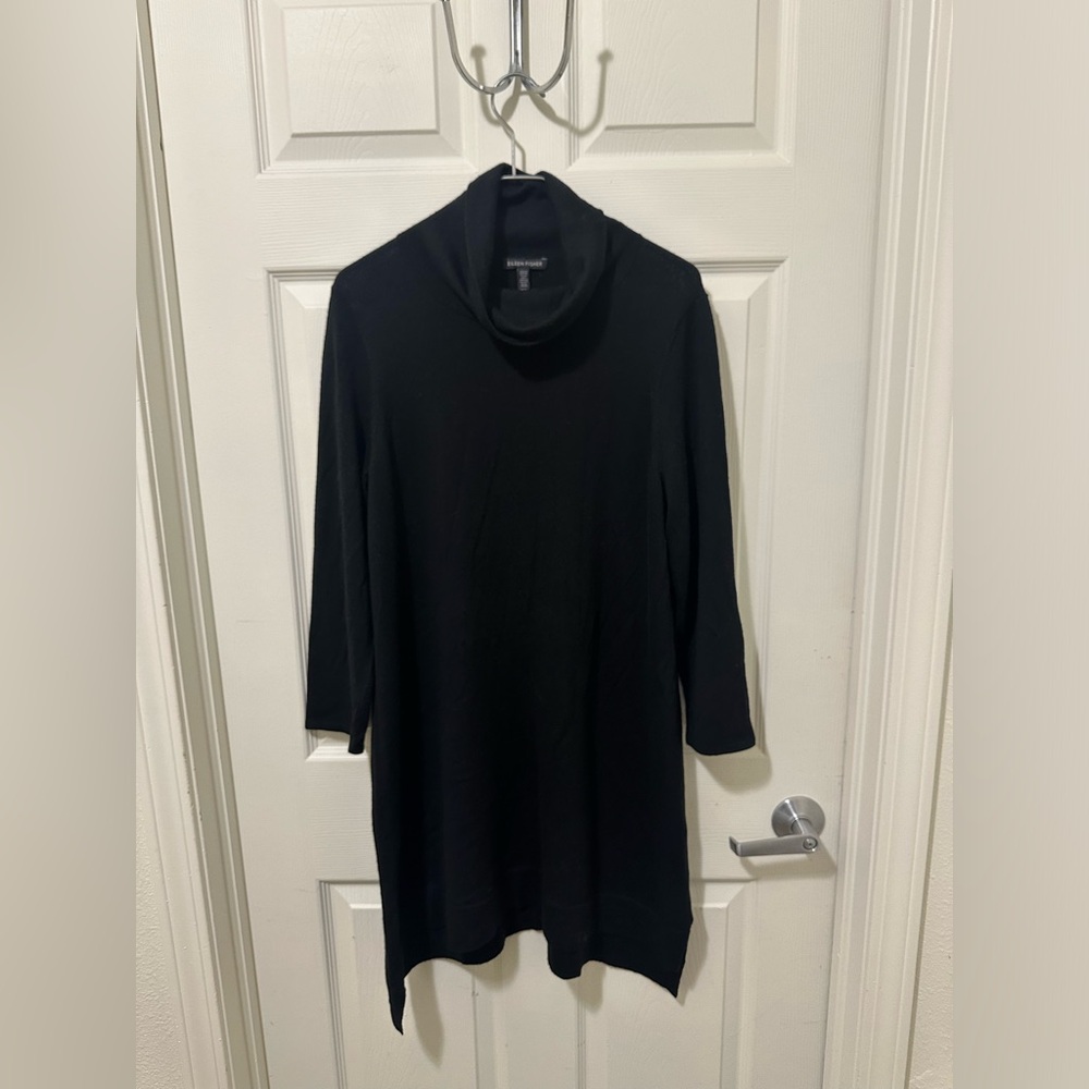 Eileen Fisher Black Wool Turtleneck Sweater Dress